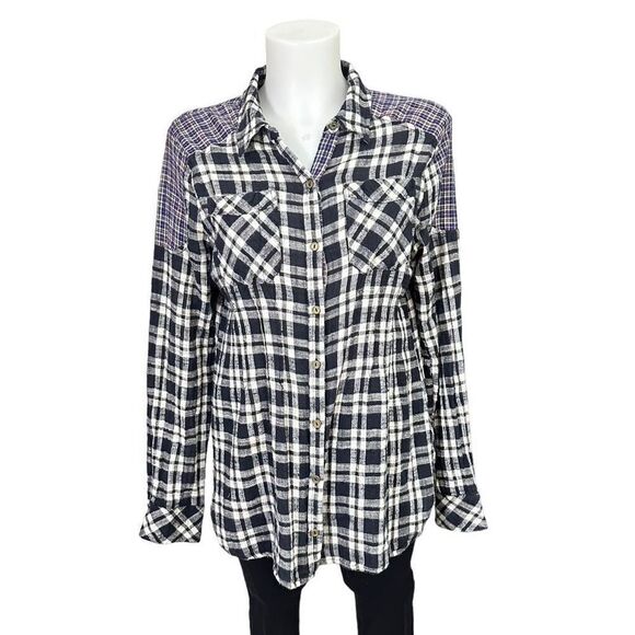FREE PEOPLE Catch Up With Me Plaid Buttondown Longsleeve‎ Shirt sz Small - Picture 1 of 10
